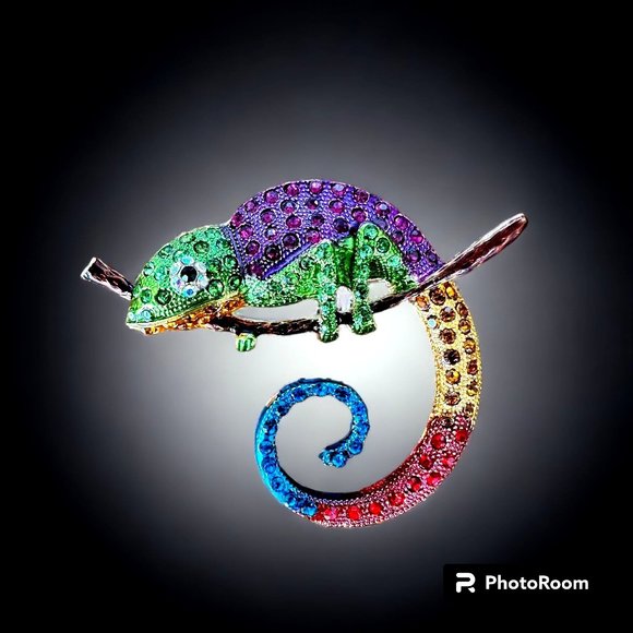 Chameleon Brooch Pin Rhinestones Lizard Gecko New Art Deco Tropical Rain… - Picture 8 of 12
